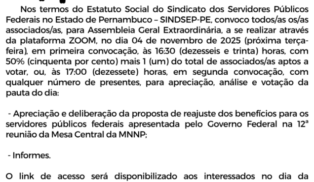 Sindsep convoca todos os servidores (as) para a Assembleia Geral Extraordinária na próxima terça (04)