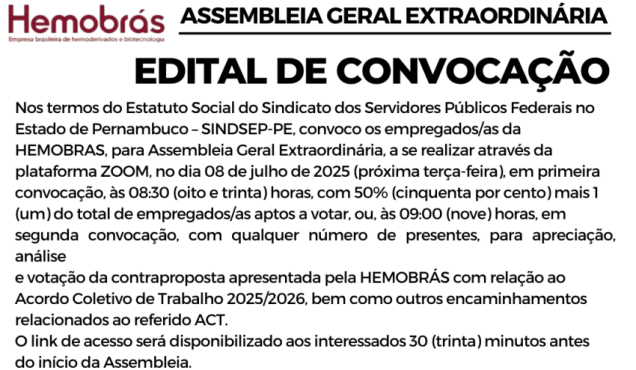 Sindsep-PE convoca empregados(as) da Hemobrás para assembleia dia 08/07